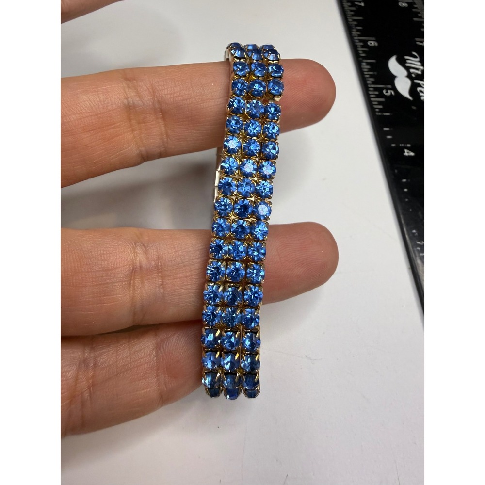 Vintage Blue Rhinestone Triple Row Stretch Bracelet Gold Tone Expansion Band